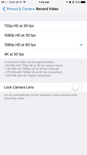 What resolution does the iPhone use to record video?