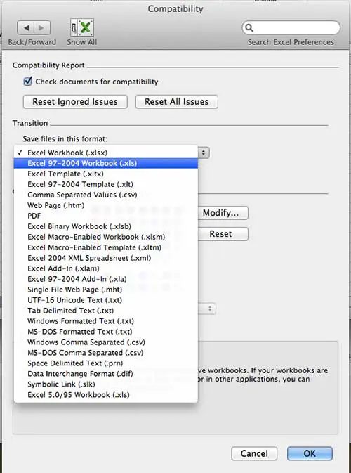 How to change the default file format in Excel 2011 for Mac